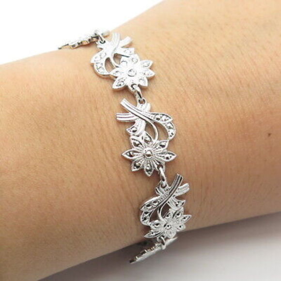925 Sterling Silver Vintage Real Marcasite Gemstone Floral Bracelet 6.5